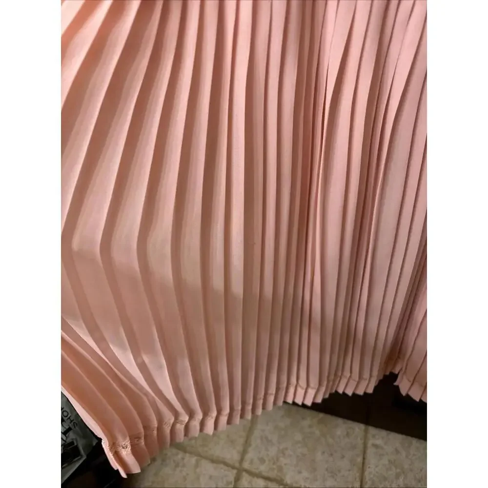 Vtg 80s Pleated Midi Dress Sz 14 Peach Lace Pearl Button Easter Wedding Gorgeous - Picture 7 of 11